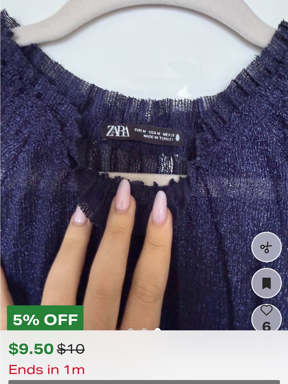 Zara Navy Metallic Sheer Pleated Blouse - Picture 3 of 4